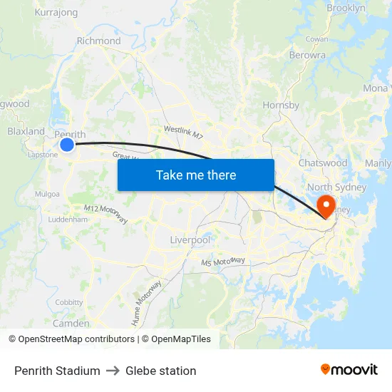 Penrith Stadium to Glebe station map