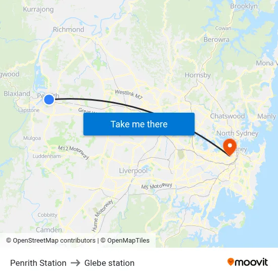 Penrith Station to Glebe station map