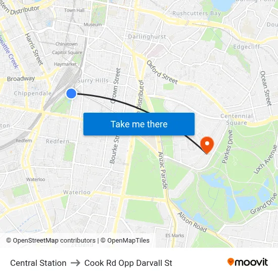 Central Station to Cook Rd Opp Darvall St map