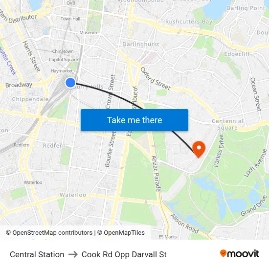 Central Station to Cook Rd Opp Darvall St map
