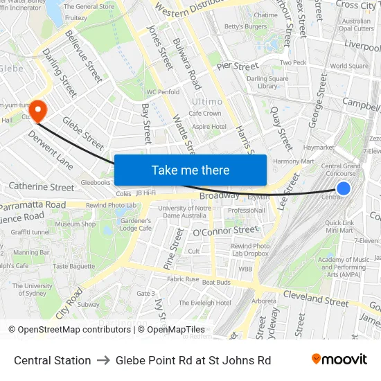 Central Station to Glebe Point Rd at St Johns Rd map
