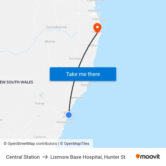 Central Station to Lismore Base Hospital, Hunter St map