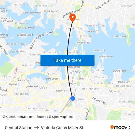 Central Station to Victoria Cross Miller St map