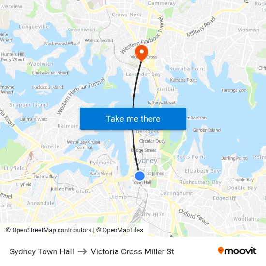 Sydney Town Hall to Victoria Cross Miller St map