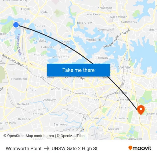 Wentworth Point to UNSW Gate 2 High St map