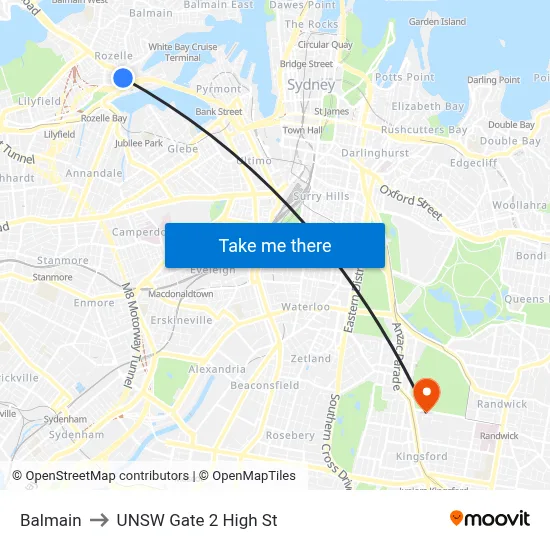 Balmain to UNSW Gate 2 High St map