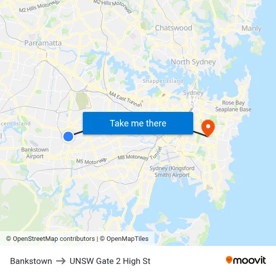 Bankstown to UNSW Gate 2 High St map