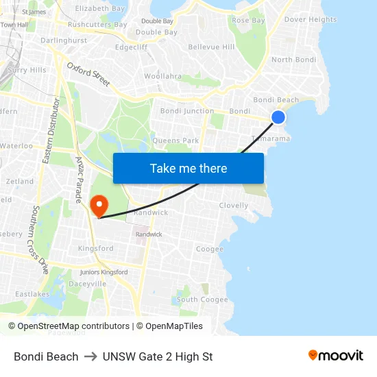 Bondi Beach to UNSW Gate 2 High St map