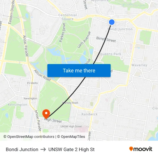 Bondi Junction to UNSW Gate 2 High St map