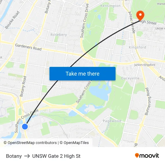 Botany to UNSW Gate 2 High St map