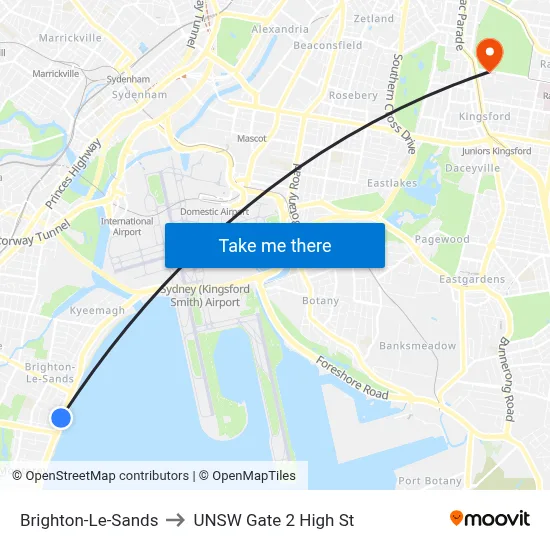 Brighton-Le-Sands to UNSW Gate 2 High St map