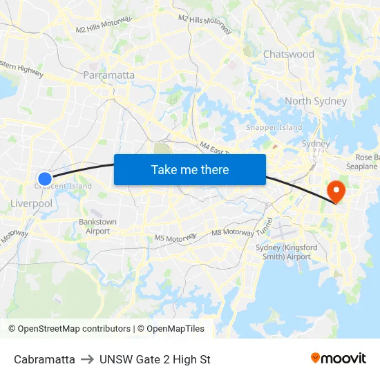 Cabramatta to UNSW Gate 2 High St map