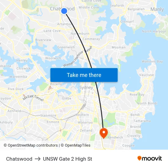 Chatswood to UNSW Gate 2 High St map