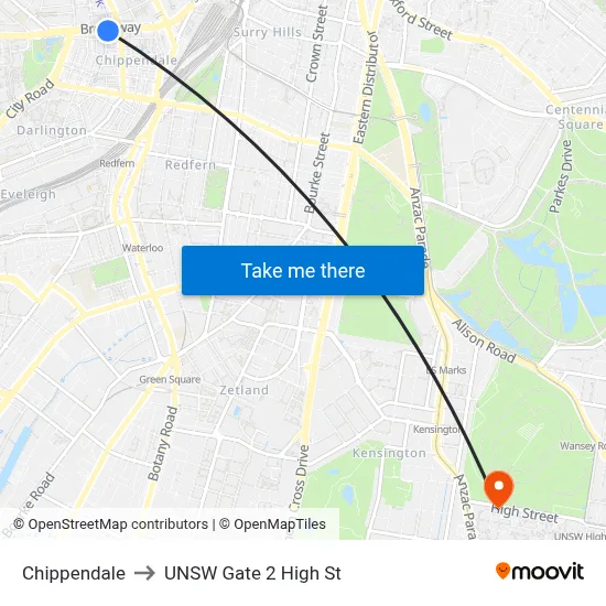 Chippendale to UNSW Gate 2 High St map
