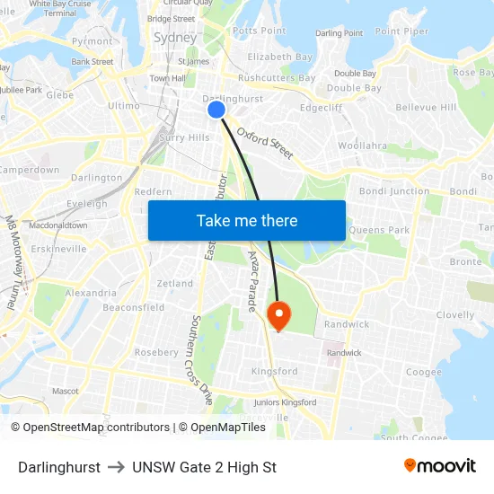 Darlinghurst to UNSW Gate 2 High St map