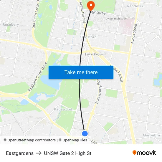 Eastgardens to UNSW Gate 2 High St map