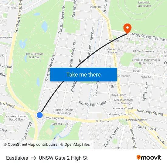 Eastlakes to UNSW Gate 2 High St map