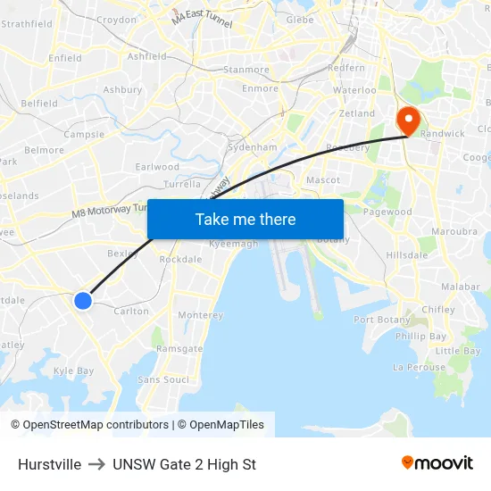 Hurstville to UNSW Gate 2 High St map