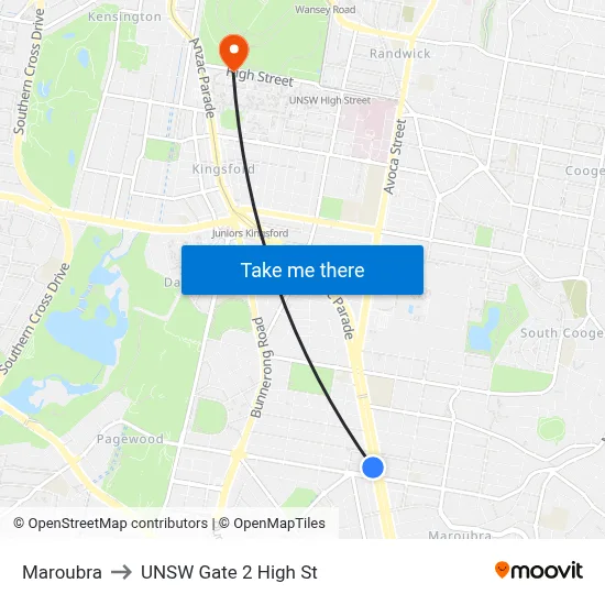 Maroubra to UNSW Gate 2 High St map