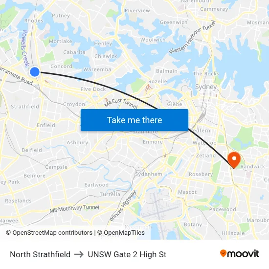 North Strathfield to UNSW Gate 2 High St map