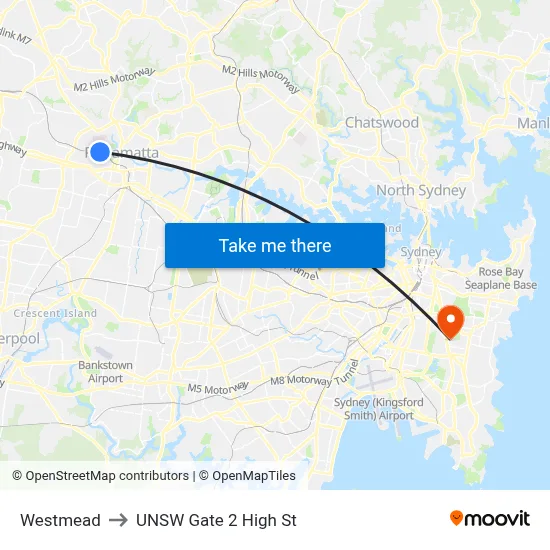 Westmead to UNSW Gate 2 High St map
