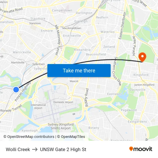 Wolli Creek to UNSW Gate 2 High St map