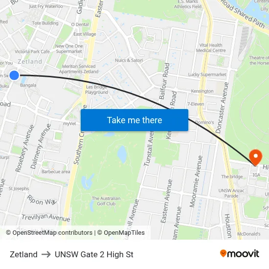 Zetland to UNSW Gate 2 High St map