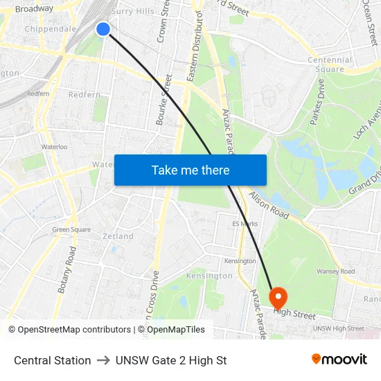 Central Station to UNSW Gate 2 High St map