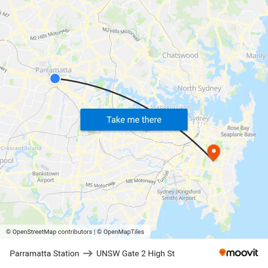 Parramatta Station to UNSW Gate 2 High St map