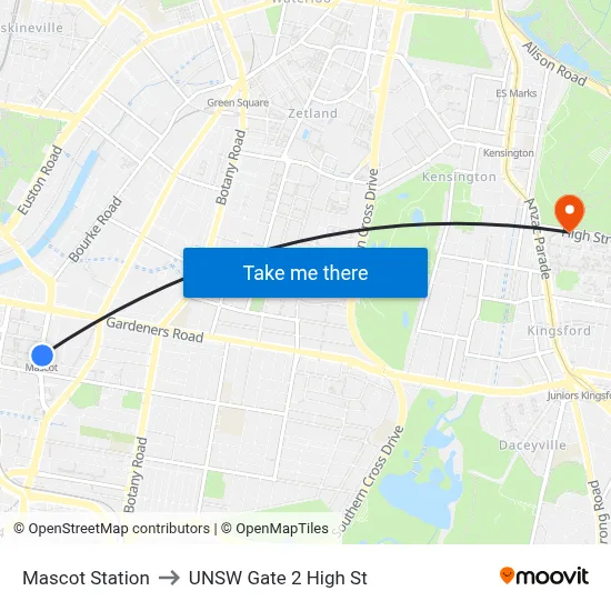 Mascot Station to UNSW Gate 2 High St map