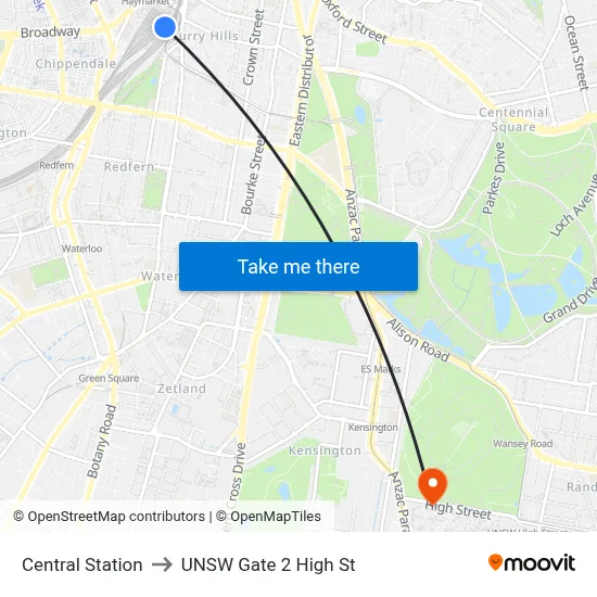 Central Station to UNSW Gate 2 High St map