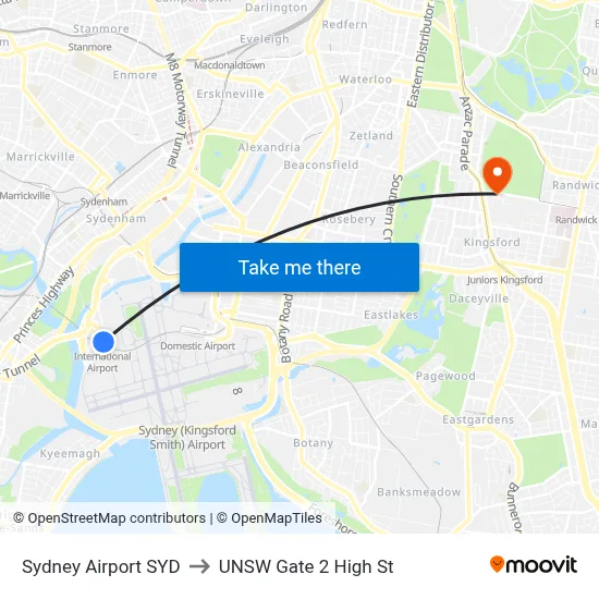 Sydney Airport SYD to UNSW Gate 2 High St map