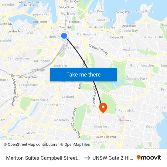 Meriton Suites Campbell Street Sydney to UNSW Gate 2 High St map