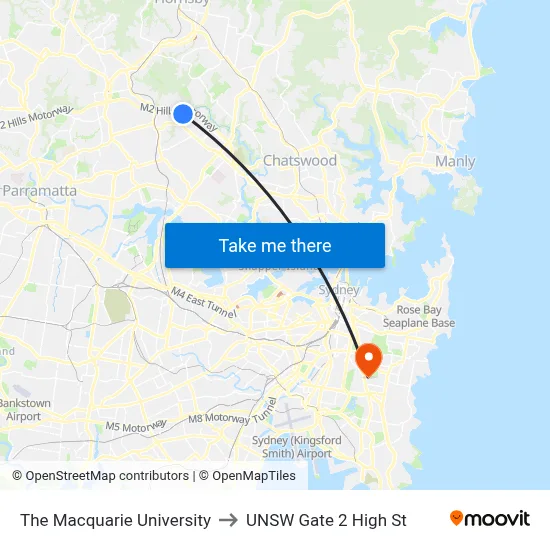 The Macquarie University to UNSW Gate 2 High St map