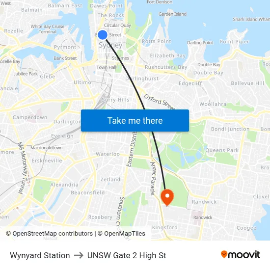 Wynyard Station to UNSW Gate 2 High St map