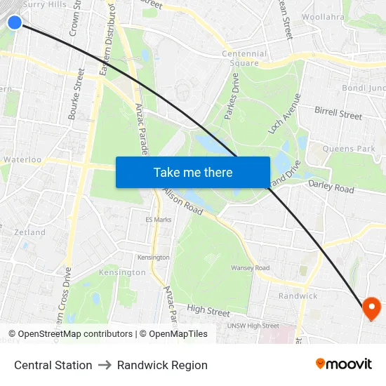 Central Station to Randwick Region map