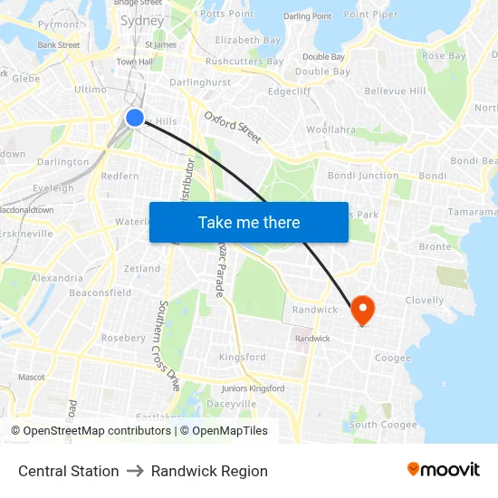 Central Station to Randwick Region map