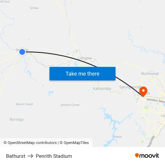 Bathurst to Penrith Stadium map