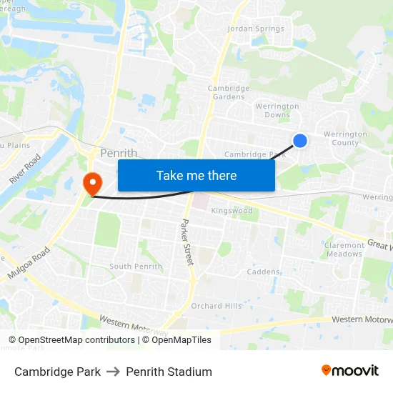 Cambridge Park to Penrith Stadium map