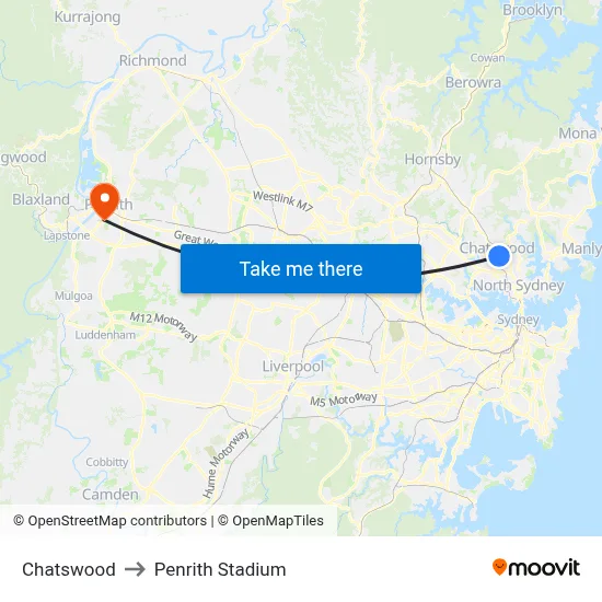 Chatswood to Penrith Stadium map