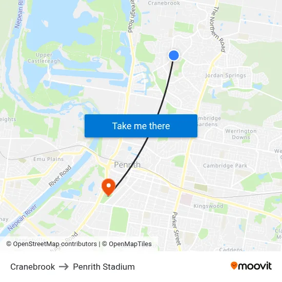 Cranebrook to Penrith Stadium map
