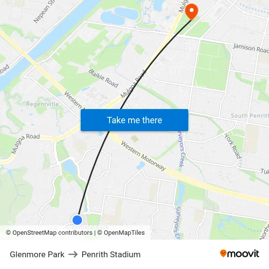 Glenmore Park to Penrith Stadium map