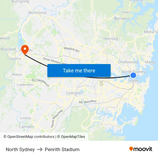 North Sydney to Penrith Stadium map