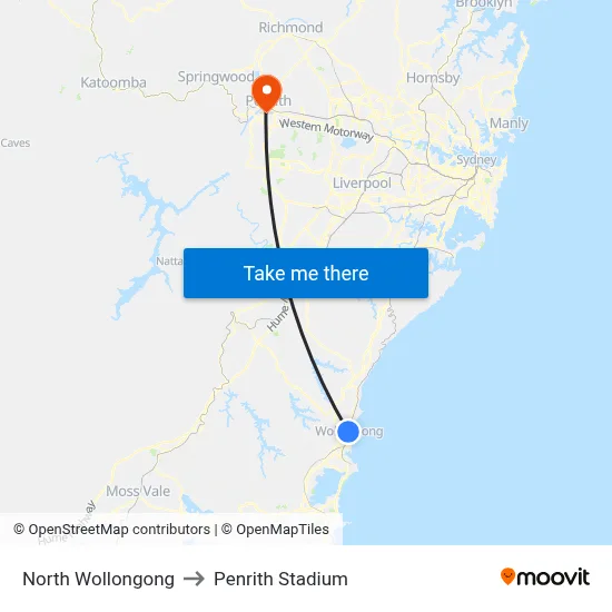 North Wollongong to Penrith Stadium map