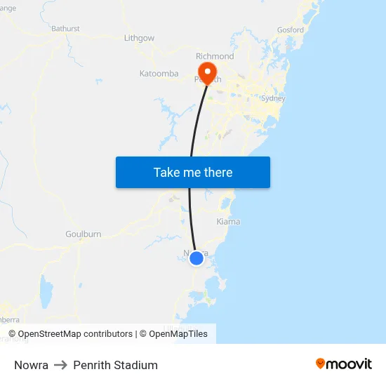 Nowra to Penrith Stadium map