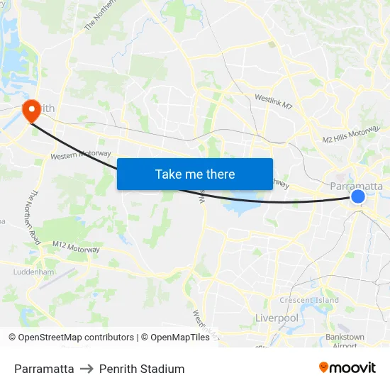 Parramatta to Penrith Stadium map
