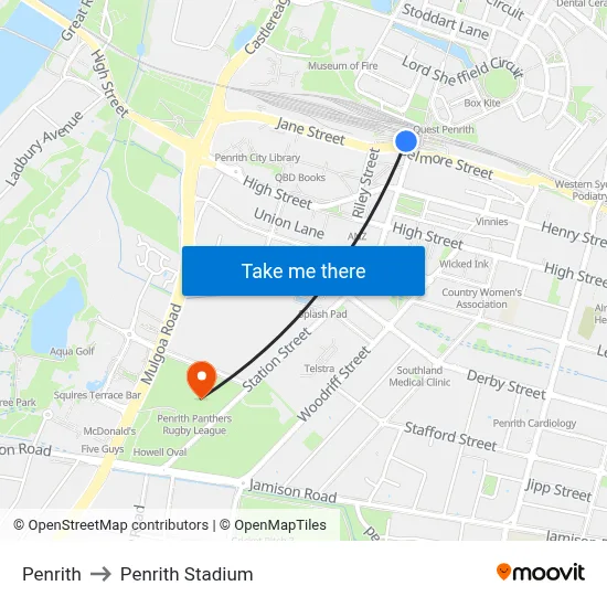 Penrith to Penrith Stadium map