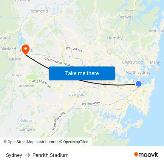Sydney to Penrith Stadium map