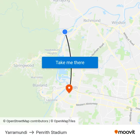 Yarramundi to Penrith Stadium map