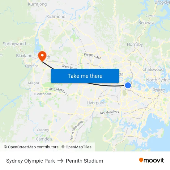 Sydney Olympic Park to Penrith Stadium map